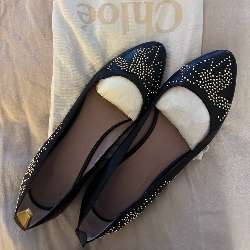 Chloe size 39.5 studded flats. One is missing the gold backing.